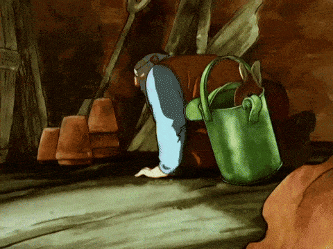Peter jumps out of the watering can and flees the shed