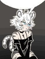 a drawing of a tiger girl with a speech bubble above her head .