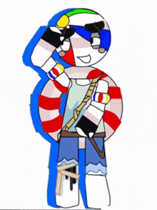 a drawing of a cartoon character with a life preserver and a gun