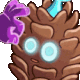 a cartoon drawing of a pine cone with glowing eyes and a purple flower on it .
