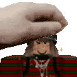a pixel art of a person putting a towel on a cartoon character 's head .