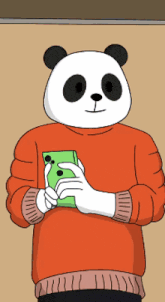 a cartoon panda bear wearing an orange sweater is holding a green cell phone