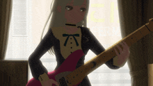 a girl is playing a guitar in front of a window with the word perm on it