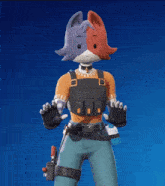 a cartoon character with a cat 's head is holding a gun and wearing a vest .