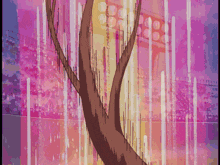 a painting of a tree in front of a pink background