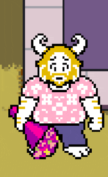 a pixel art drawing of a monster wearing a pink shirt and holding a pink blanket