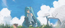 hatsune miku is kneeling down in the grass with a potted plant in front of her
