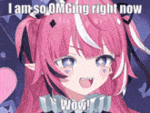 a cartoon girl with pink hair and blue eyes says wow