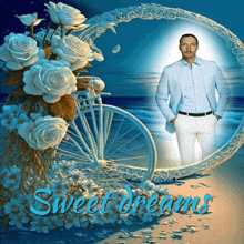 a man in a suit stands in front of a bicycle surrounded by flowers with the words sweet dreams below him