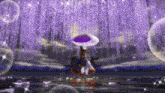 a woman in a kimono holding a purple umbrella stands in front of a purple tree