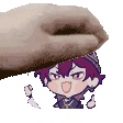 a pixel art of a hand holding a cartoon character 's head .