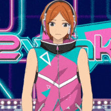 a girl wearing headphones is standing in front of a sign that says 2k