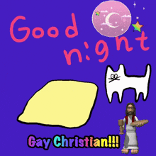 a cartoon of jesus saying good night with a purple background