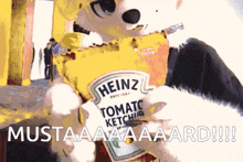a heinz ketchup bottle is being held by a furry mascot