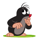 a cartoon mole is standing in the grass with a red heart in its mouth .