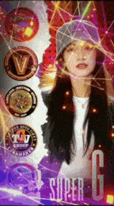 a woman wearing a hat is surrounded by various badges including one that says super g