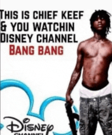 a shirtless man holding a gun with a disney channel logo in the background