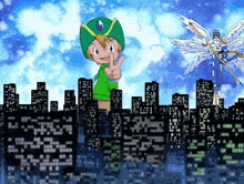a cartoon character in a green hat giving a peace sign in front of a city skyline