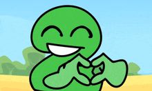 a green cartoon character is smiling and making a heart with its hands