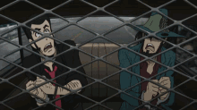 two cartoon characters are behind a metal fence and one has a hat that says ' lupin ' on it