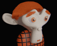 a close up of a cartoon character with an orange hat on