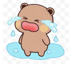 a cartoon teddy bear is crying with tears coming out of its eyes