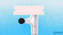a renpho massage gun is displayed on a blue and white background