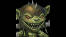 a close up of a goblin with a sword in its mouth