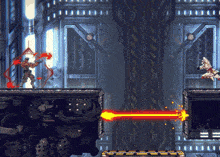 a video game is being played with a red beam coming out of it