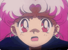 a close up of a cartoon character with pink hair