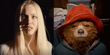 a woman and a bear with a red hat