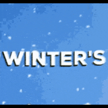 the word winter 's is on a blue background with snow falling