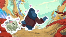 a cartoon illustration of a gorilla and a robot with hearts around them