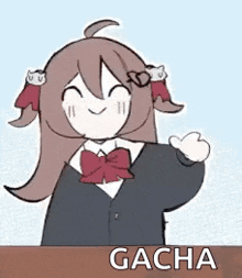 a cartoon of a girl in a school uniform standing next to a sign that says `` gacha '' .