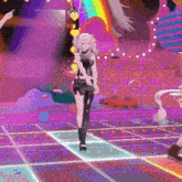 a 3d anime girl is walking on a dance floor in a video game .