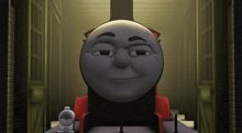 a cartoon train is sitting in a dark hallway