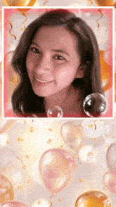 a woman 's face is surrounded by pink and gold balloons and confetti