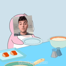 a cartoon of a man looking at a plate of food with the words @pudgypenguins below him
