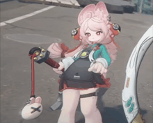 a girl with pink hair is holding a toy rabbit