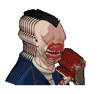 a cartoon of a man with a bloody mouth holding a knife