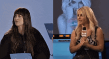 two women are sitting next to each other and one has a microphone that says iheartradio on it