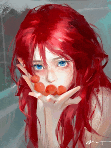 a painting of a girl with red hair and blue eyes holding cherries
