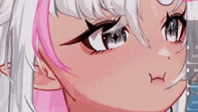a close up of a girl 's face with white hair and pink streaks