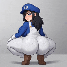 a woman in overalls and a blue hat with the letter s on it