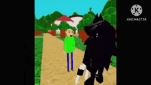 a cartoon character in a green shirt is standing on a path in a park .