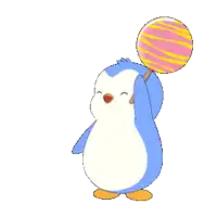 a penguin is holding a lollipop and a heart is behind it