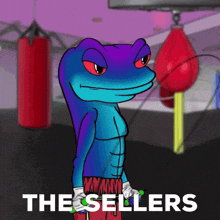 a cartoon of a lizard holding a jump rope with the words the sellers in the background