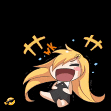 a cartoon girl is laughing under a sign that says ngakak nah kanza
