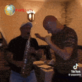 a man playing a saxophone next to another man with a tiktok logo on the bottom right