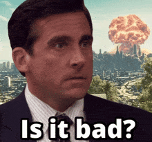 a man in a suit says is it bad in front of an explosion